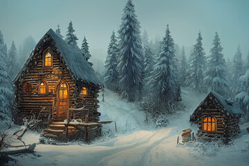 Christmas Log Cabin covered in snow, Generative AI Art winter illustration, getaway, landscape