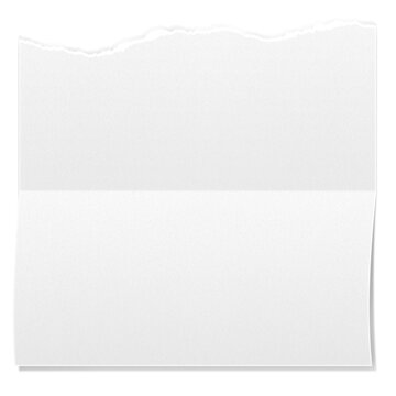 Biała pusta składana kwadratowa karty. Rozdarty arkusz papieru. Jedno zagięcie na kartce. © quqadesign