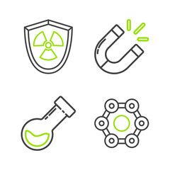 Set line Chemical formula, Test tube and flask chemical, Magnet and Radioactive in shield icon. Vector