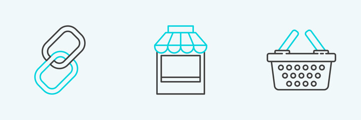 Set line Shopping basket, Chain link and building or market store icon. Vector