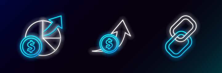 Set line Chain link, Money and diagram graph and Financial growth coin icon. Glowing neon. Vector