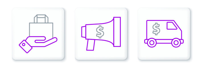 Set line Armored truck, Hand and paper shopping bag and Megaphone dollar icon. Vector