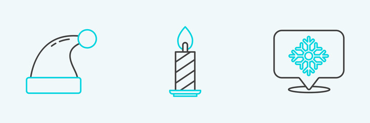 Set line Snowflake with speech bubble, Christmas Santa Claus hat and Burning candle in candlestick icon. Vector