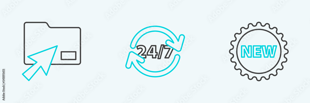 Aufkleber set line price tag with new, cursor click document folder and clock 24 hours icon. vector