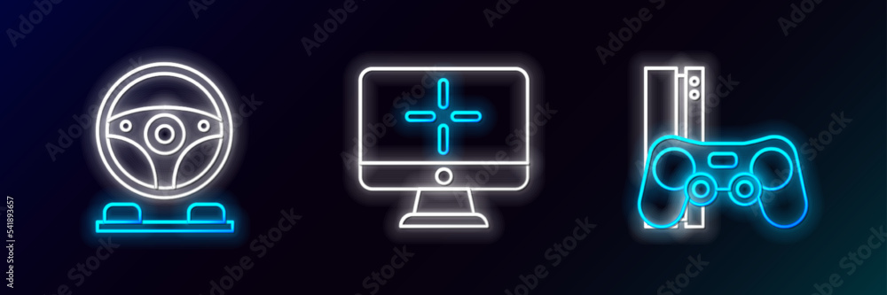 Poster set line game console with joystick, racing simulator cockpit and computer monitor icon. glowing neo
