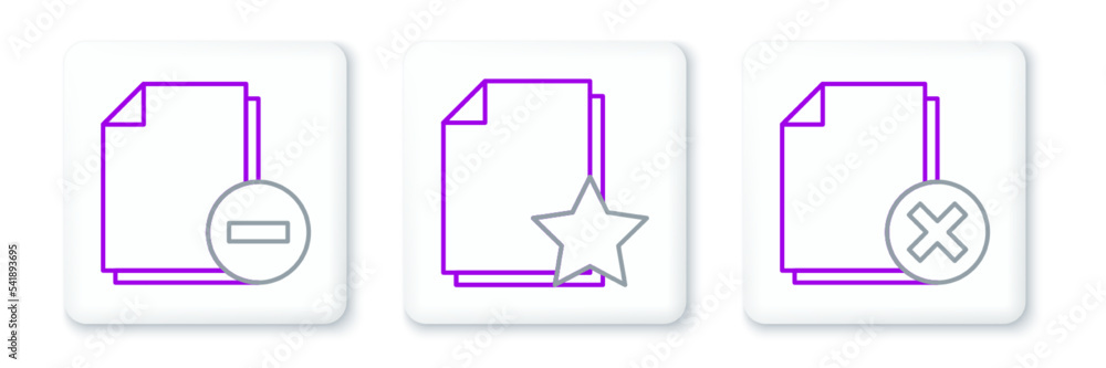 Poster set line delete file document, document with minus and star icon. vector