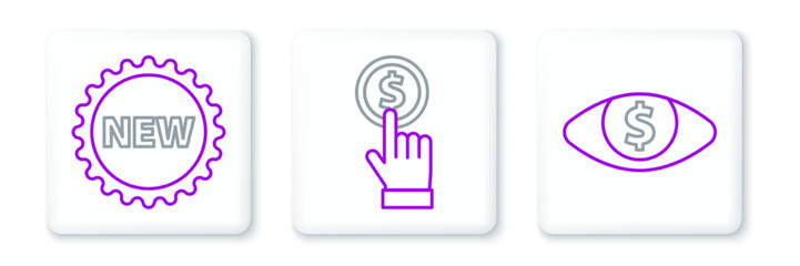 Set line Eye with dollar, Price tag New and Hand holding coin icon. Vector