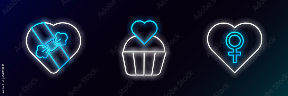 Poster set line heart with female gender, candy in heart shaped box and wedding cake icon. glowing neon. ve