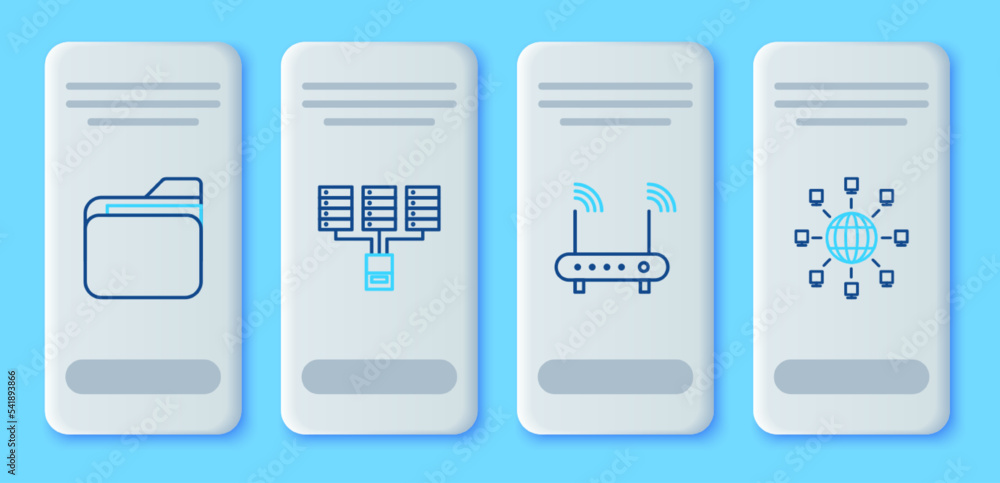 Poster set line server, data, web hosting, router and wi-fi signal, document folder and social network icon