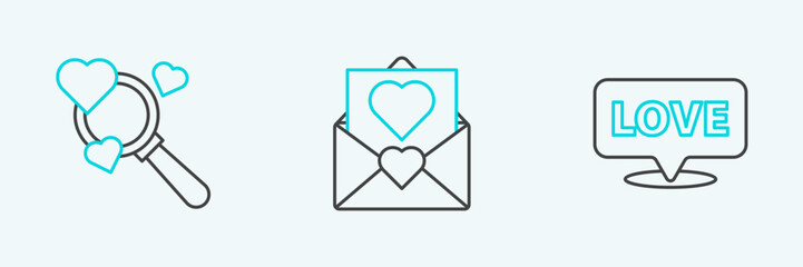Set line Speech bubble with text love, Search heart and and Envelope Valentine icon. Vector
