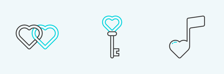 Set line Music note, tone with hearts, Two Linked Hearts and Key shape icon. Vector