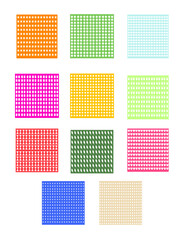 Colorful transparent square pattern shape set isolated on white background.