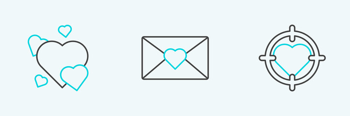 Set line Heart in the center of darts target aim, and Envelope with Valentine heart icon. Vector