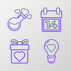 Set line Heart shape in a light bulb, Gift box with heart, Calendar February 14 and Bottle love potion icon. Vector