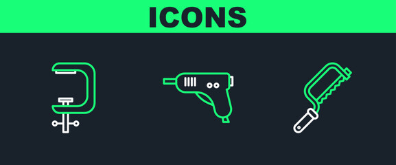 Set line Hacksaw, Clamp and screw tool and Electric hot glue gun icon. Vector