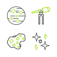 Set line Planet, Asteroid, Telescope and Mars icon. Vector
