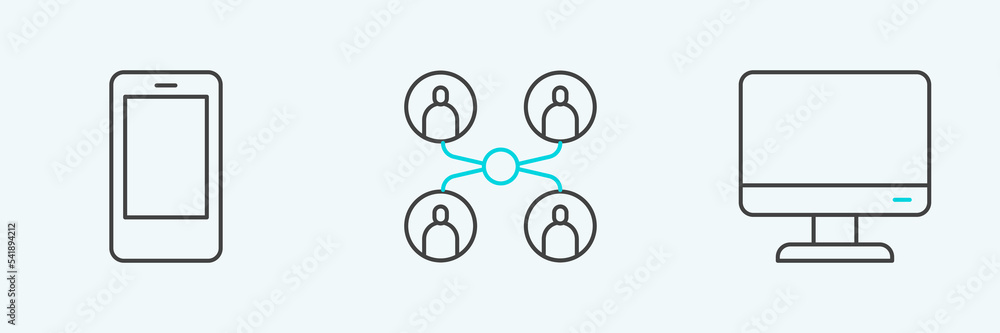Poster set line computer monitor screen, mobile phone and online class icon. vector