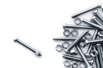 Nuts and bolts closeup on white background