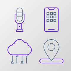 Set line Location, Network cloud connection, Mobile phone and Microphone icon. Vector