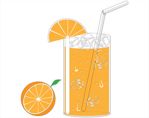 vector of fresh orange iced drink in a glass with a straw and citrus fruit on the side