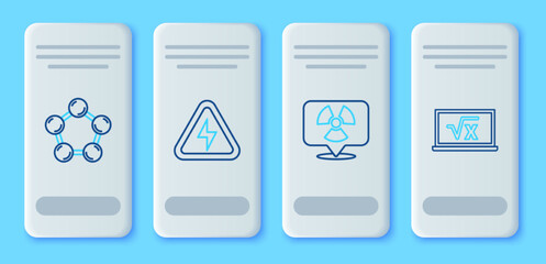 Set line High voltage, Radioactive in location, Molecule and Square root of x glyph icon. Vector
