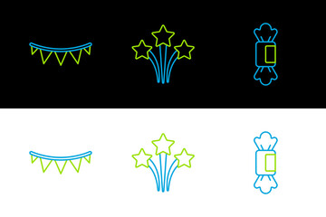 Set line Candy, Carnival garland with flags and Firework icon. Vector