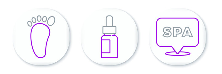 Set line Spa salon, Foot massage and Essential oil bottle icon. Vector