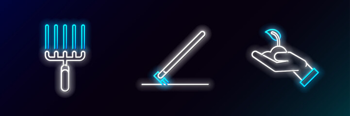 Set line Sprout in hand of environmental protection, Garden rake work and icon. Glowing neon. Vector