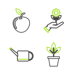 Set line Flowers in pot, Watering can, Hand holding flower and Apple icon. Vector