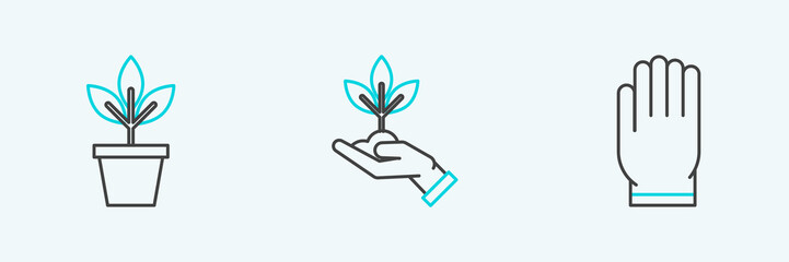 Set line Garden gloves, Flowers in pot and Plant hand of environmental protection icon. Vector