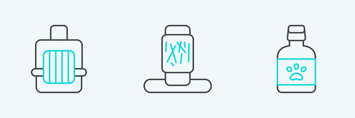 Set line Dog medicine bottle, Pet carry case and Cat scratching post icon. Vector