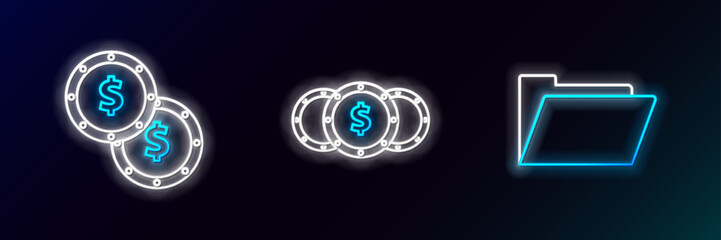 Set line Document folder, Coin money with dollar symbol and icon. Glowing neon. Vector