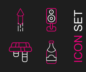 Set line Champagne bottle, Winter scarf, Stereo speaker and Firework rocket icon. Vector