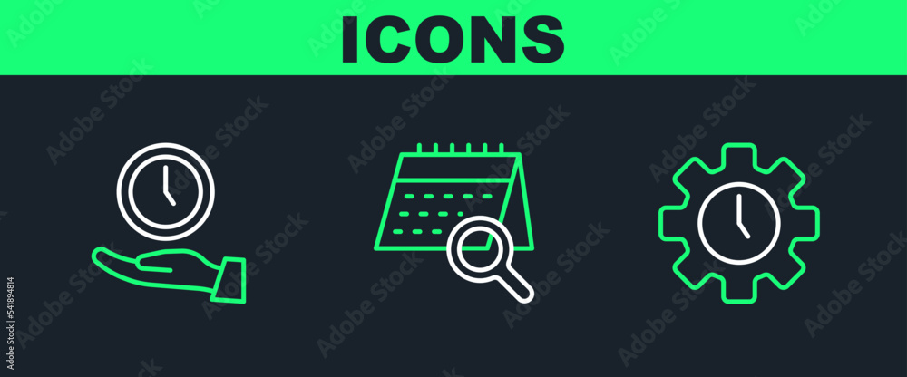 Poster set line time management, clock and calendar search icon. vector