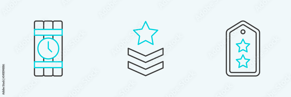 Aufkleber set line military rank, dynamite and timer clock and icon. vector