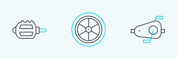 Obraz premium Set line Bicycle pedals, and wheel icon. Vector