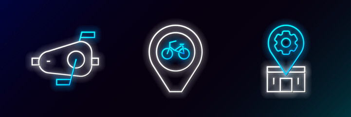 Set line Bicycle repair service, pedals and Location with bicycle icon. Glowing neon. Vector