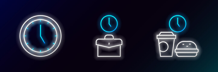 Set line Fast food time, Clock and Work icon. Glowing neon. Vector