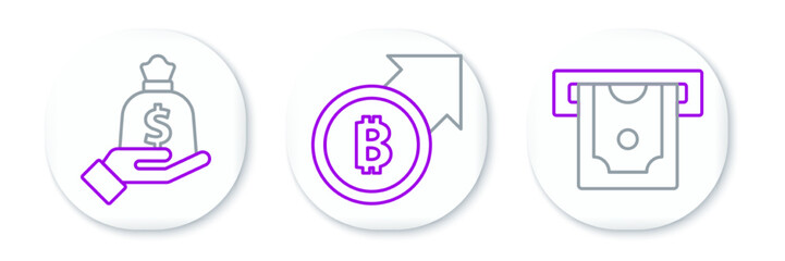 Set line ATM and money, Hand holding bag and Financial growth bitcoin icon. Vector