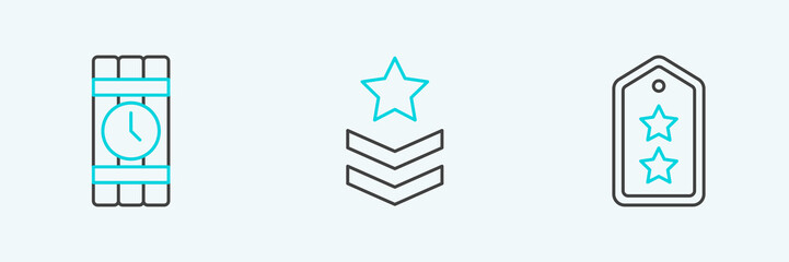Set line Military rank, Dynamite and timer clock and icon. Vector