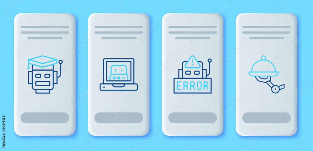 Poster set line creating robot, error, robot and waiter icon. vector