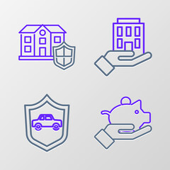 Fototapeta premium Set line Piggy bank in hand, Car with shield, House and icon. Vector