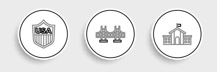 Set line United States Capitol Congress, Shield with stars and Golden gate bridge icon. Vector