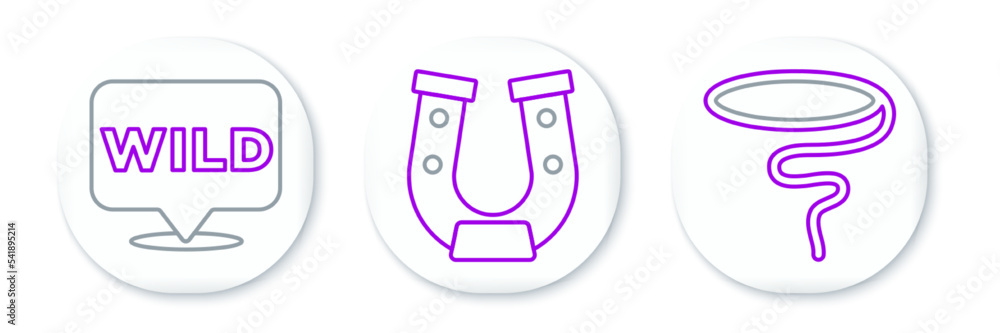 Poster set line lasso, pointer to wild west and horseshoe icon. vector