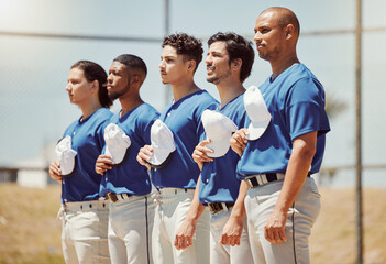 Sports, baseball anthem and athlete team ready for start of game or club competition on local baseball field. Solidarity, respect and softball player singing, prepare for fitness training or workout - obrazy, fototapety, plakaty