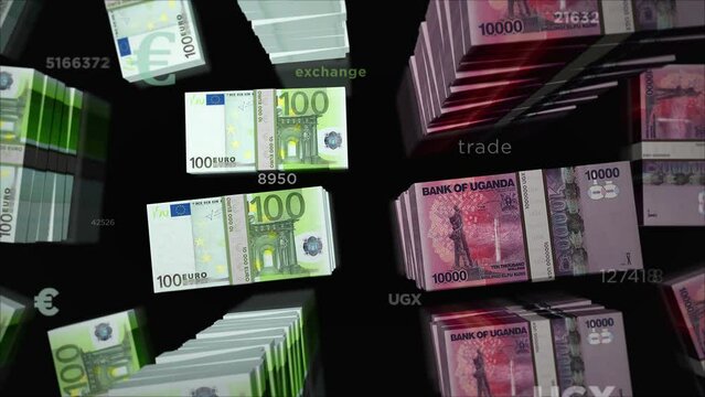 Euro and Uganda Shilling money exchange. Paper banknotes pack bundle. Concept of trade, economy, competition, crisis, banking and finance. Notes loopable seamless 3d animation.