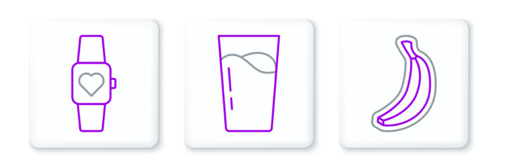 Set line Banana, Smart watch and Glass with water icon. Vector