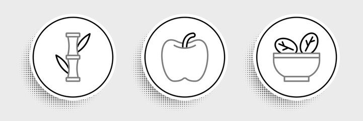 Set line Salad in bowl, Bamboo and Apple icon. Vector