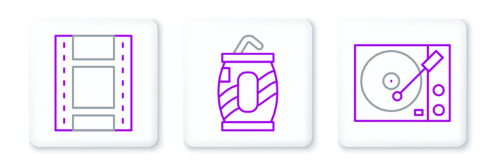 Set line Vinyl player, Play Video and Soda can with straw icon. Vector