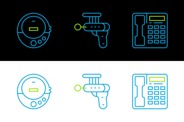 Set line Telephone handset, Music CD player and Ray gun icon. Vector